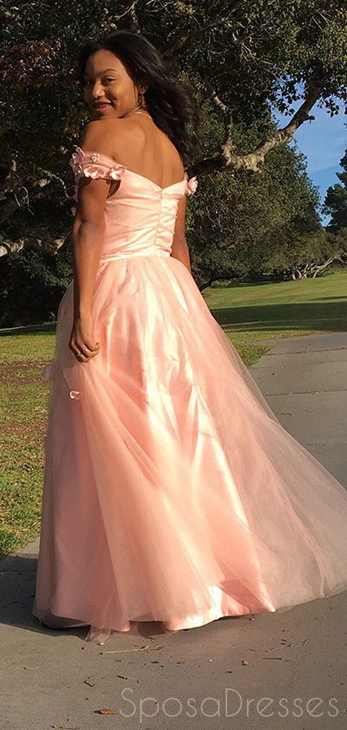 A-line Tulle Off Shoulder Pink Long Prom Dresses, Sweet 16 Prom Dresses, 12400
