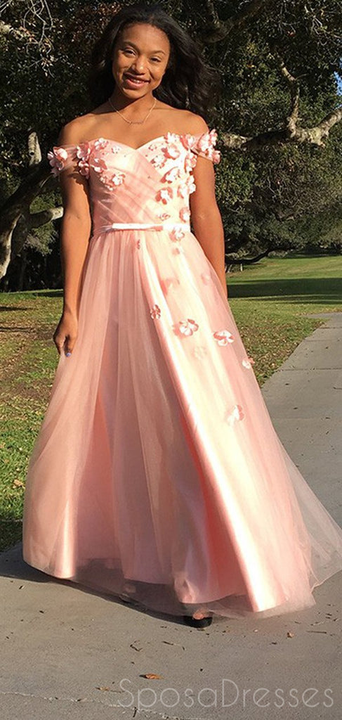 A-line Tulle Off Shoulder Pink Long Prom Dresses, Sweet 16 Prom Dresses, 12400
