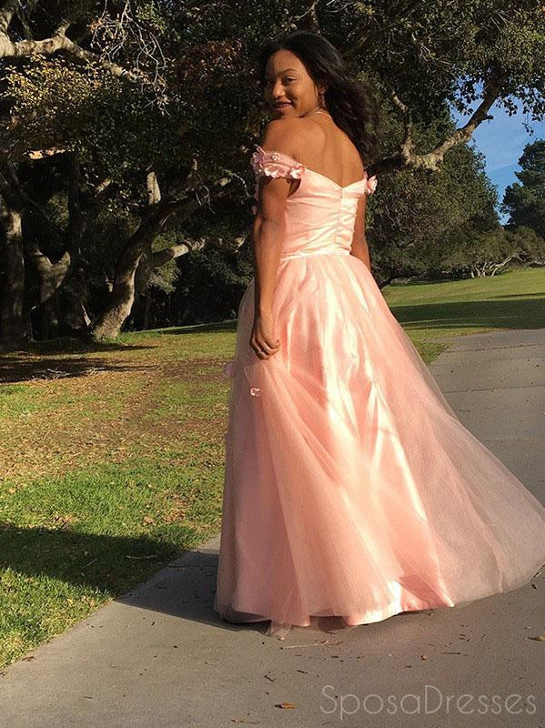 A-line Tulle Off Shoulder Pink Long Prom Dresses, Sweet 16 Prom Dresses, 12400