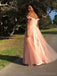 A-line Tulle Off Shoulder Pink Long Prom Dresses, Sweet 16 Prom Dresses, 12400