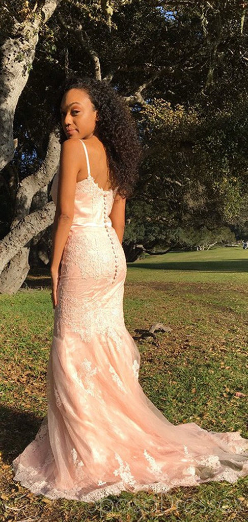 Mermaid Spaghetti Straps Pink Long Prom Dresses, Sweet 16 Prom Dresses, 12401