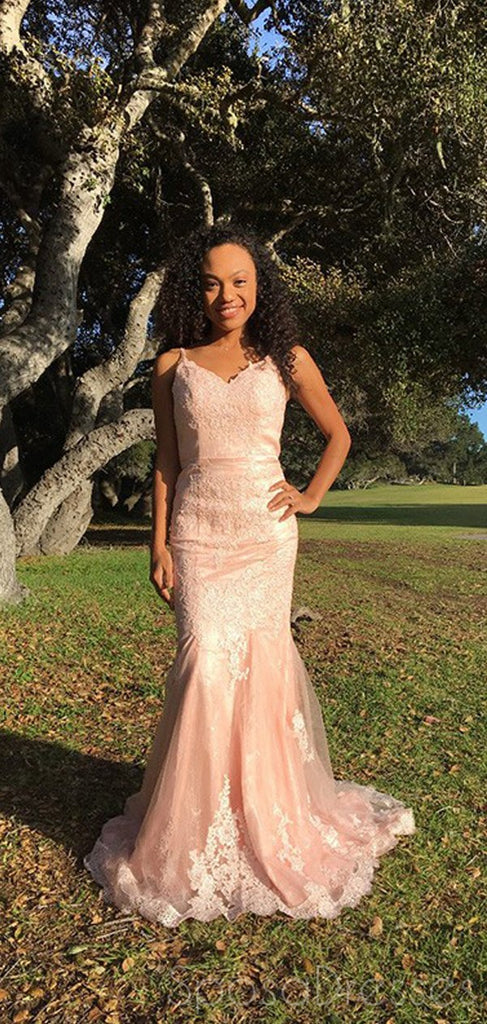 Mermaid Spaghetti Straps Pink Long Prom Dresses, Sweet 16 Prom Dresses, 12401