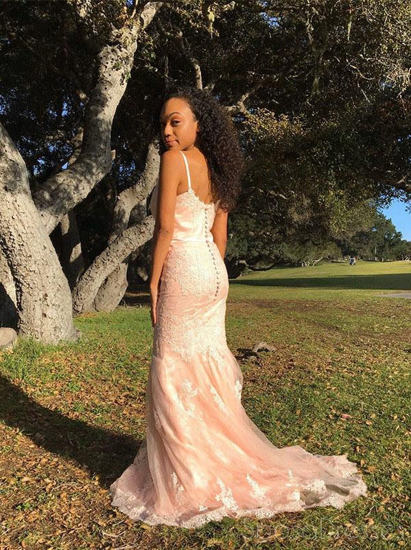 Mermaid Spaghetti Straps Pink Long Prom Dresses, Sweet 16 Prom Dresses, 12401