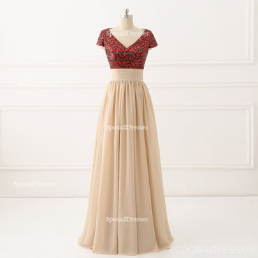 Short Sleeve Sequin Top Chiffon Skirt V Neckline Custom Bridesmaid Dresses,BD119