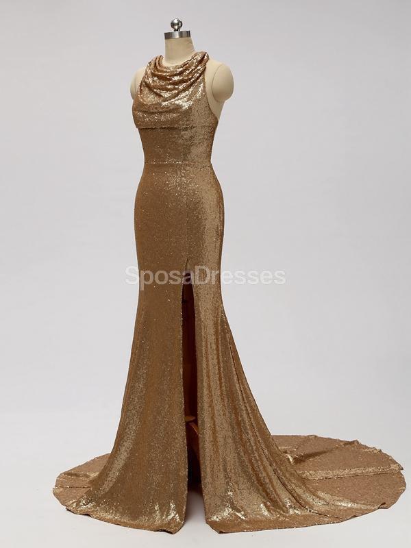 Gold Sequin See Through Halter Mermaid Long Bridesmaid Dresses Online ...