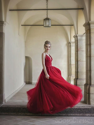 Red Lace Applique Sleeveless Long Prom Dresses, Sweet 16 Prom Dresses, 12404