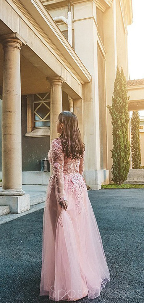 Tulle A-line Long Sleeves Applique Prom Dresses, Sweet 16 Prom Dresses, 12411