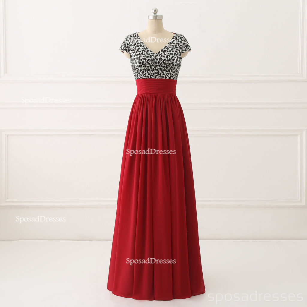 Short Sleeve Sequin Top Red Chiffon Skirt V Neck Custom Bridesmaid Dresses, BD120