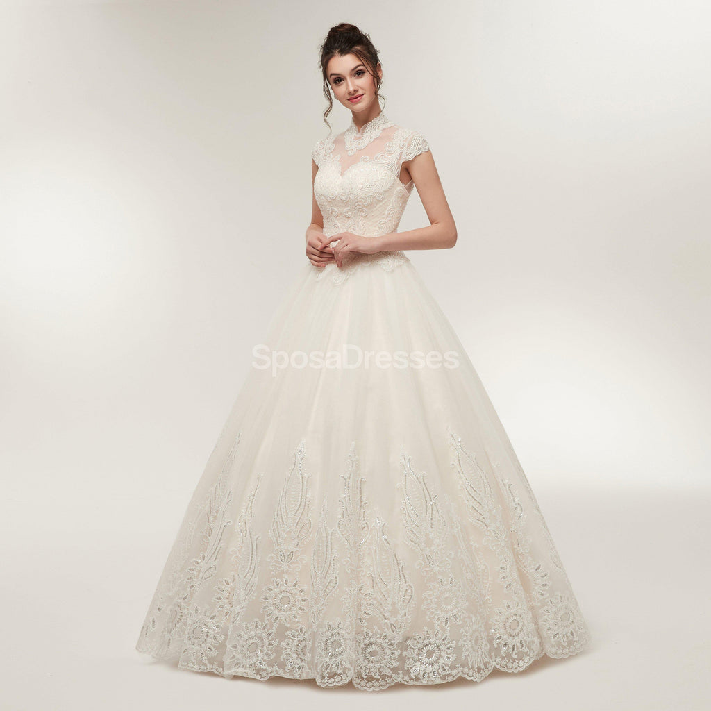 High Neck A-line Lace Beaded Cheap Wedding Dresses Online, Cheap Bridal Dresses, WD569