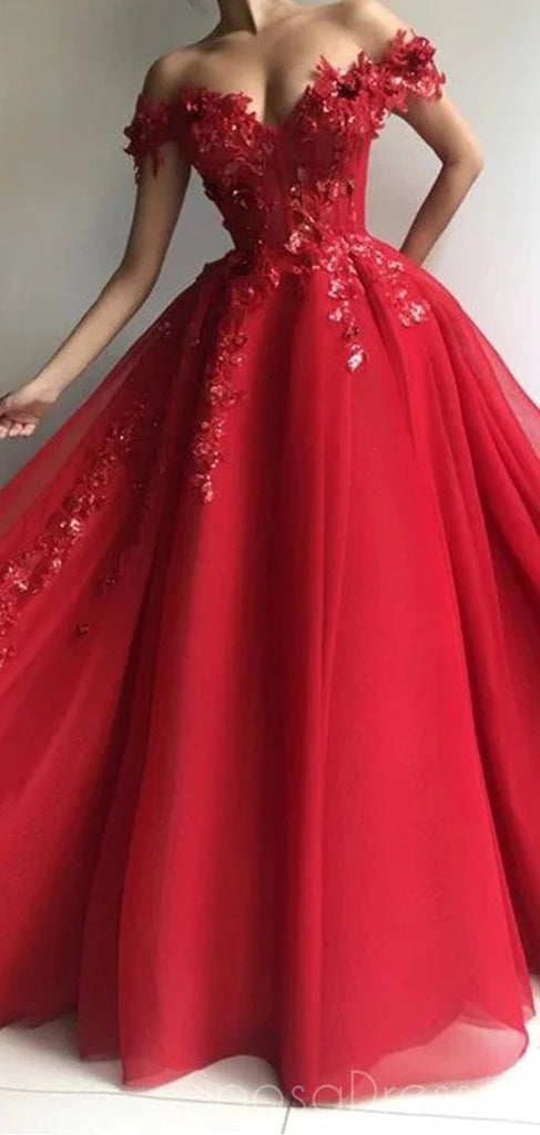 Red A-line Off The Shoulder Long Prom Dresses, Sweet 16 Prom Dresses, 12413