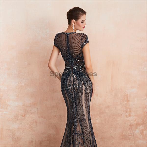 Cap Sleeves Heavily Beaded Mermaid Evening Prom Dresses, Evening Party Prom Dresses, 12134
