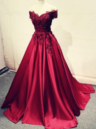 Red Off Shoulder Lace Long A-line Evening Prom Dresses, 17539