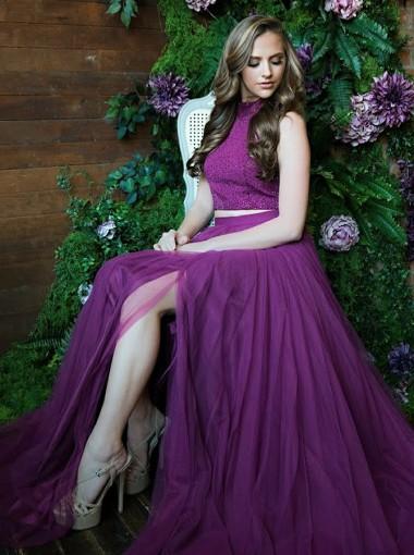Purple Two Pieces Side Slit Halter Tulle Long Evening Prom Dresses, 17610