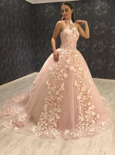 Halter Lace Light Peach Lace A-line Long Evening Prom Dresses, 17611 SposaDresses Halter Lace Light Peach Lace A-line Long Evening Prom Dresses, 17611 SposaDresses