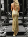 Sexy Gold Mermaid V-neck Backless Cheap Long Prom Dresses Online,12602