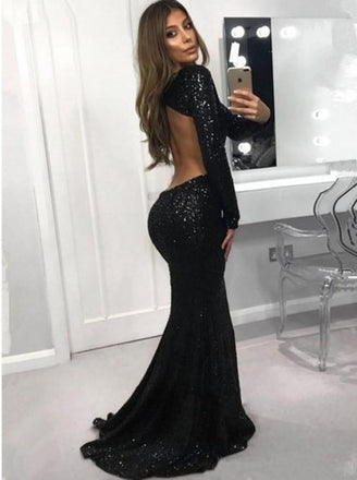 Black Mermaid Long Sleeves Jewel Open Back Cheap Long Prom Dresses,12888