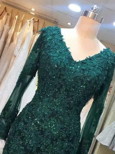 Long Sleeve Lace Mermaid Emerald Green Long Evening Prom Dresses