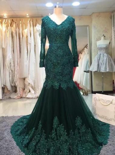 Long Sleeve Lace Mermaid Emerald Green Long Evening Prom Dresses, 1763 SposaDresses Long Sleeve Lace Mermaid Emerald Green Long Evening Prom Dresses, 1763 SposaDresses
