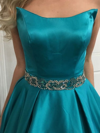Simple Beaded Belt Turquoise A-line Long Evening Prom Dresses, 17640
