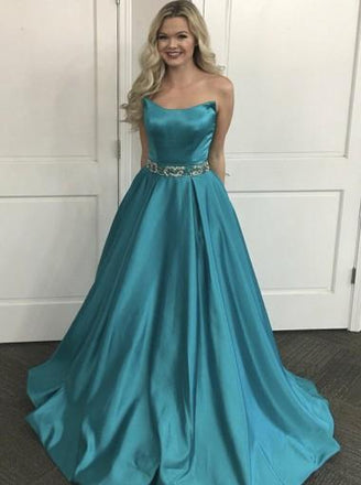 Simple Beaded Belt Turquoise A-line Long Evening Prom Dresses, 17640