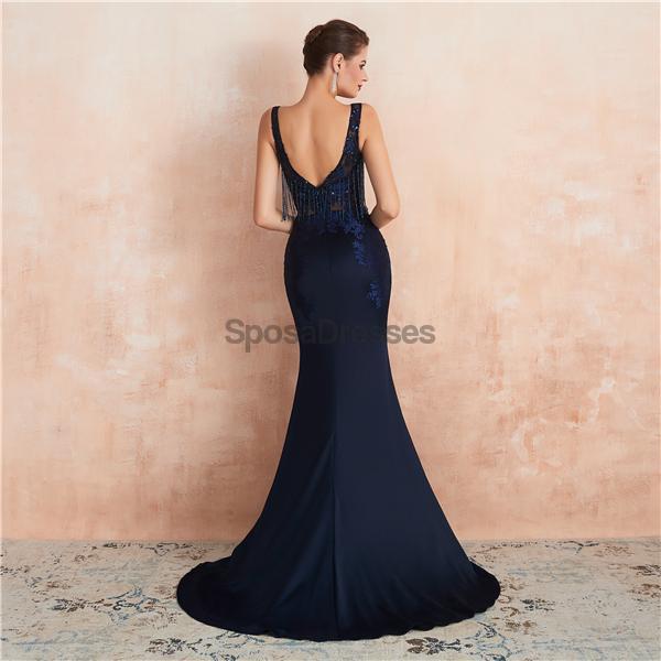 Sexy Scoop Backless Navy Beaded Long Evening Prom Dresses, Evening Party Prom Dresses, 12131