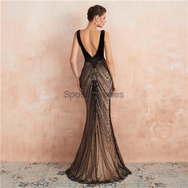 Sexy Backless V Neck Black Evening Prom Dresses, Evening Party Prom Dr