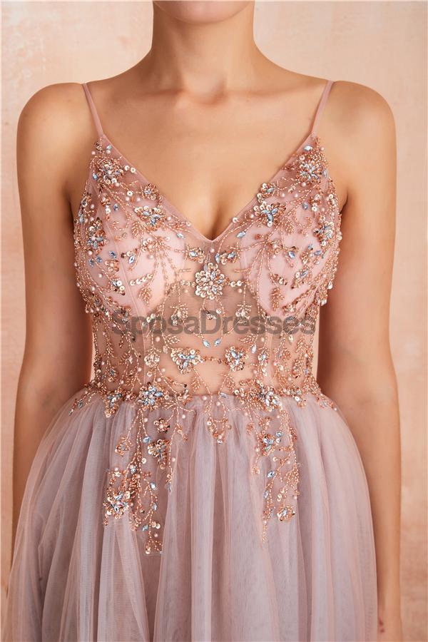 Spaghetti Straps See Through Beaded A-line Long Evening Prom Dresses, Evening Party Prom Dresses, 12135