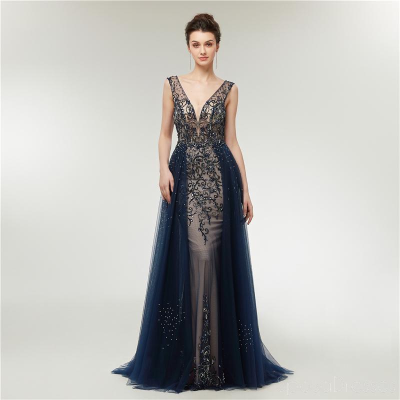 Sexy Backless V Neck Heavily Beaded Navy Long Evening Prom Dresses, Evening Party Prom Dresses, 12006