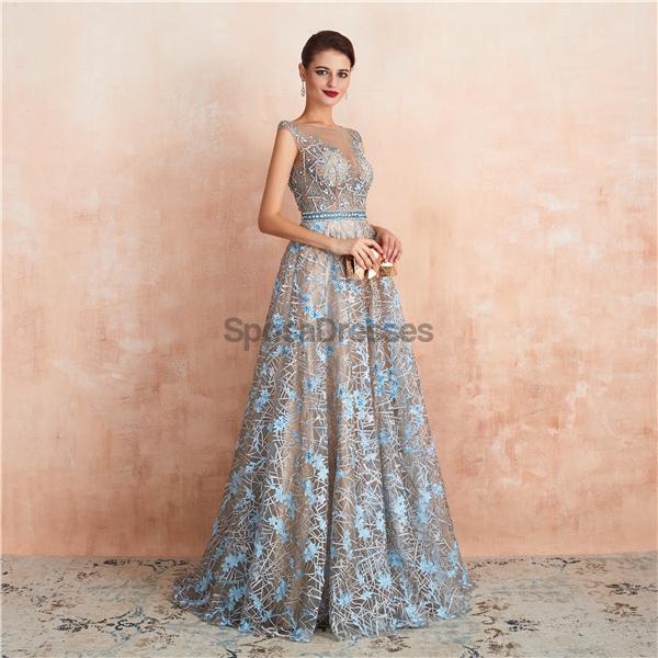 Cap Sleeves See Through Beaded A-line Long Evening Prom Dresses, Evening Party Prom Dresses, 12137