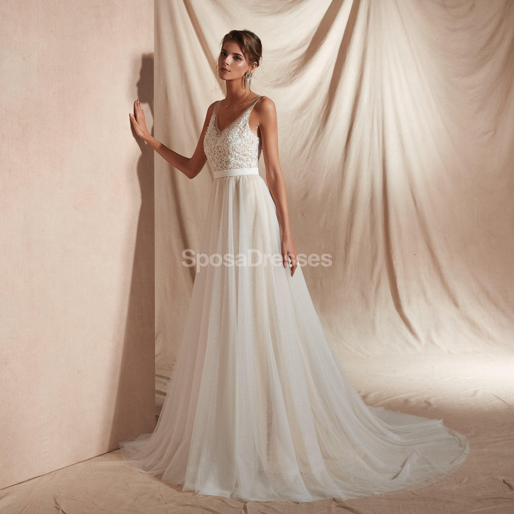 V Neck Lace A-line Cheap Wedding Dresses Online, Unique Bridal Dresses, WD580