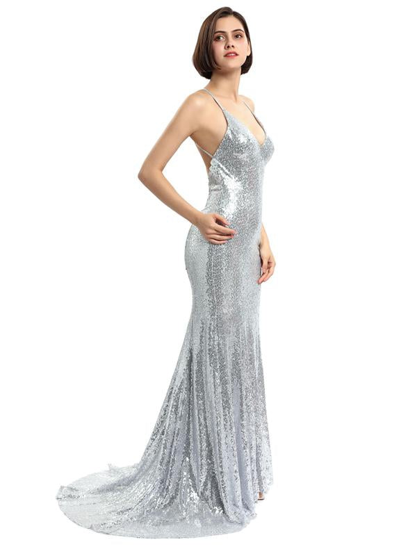 Spaghetti Straps Silver Mermaid Long Evening Prom Dresses, Evening Party Prom Dresses, 12214