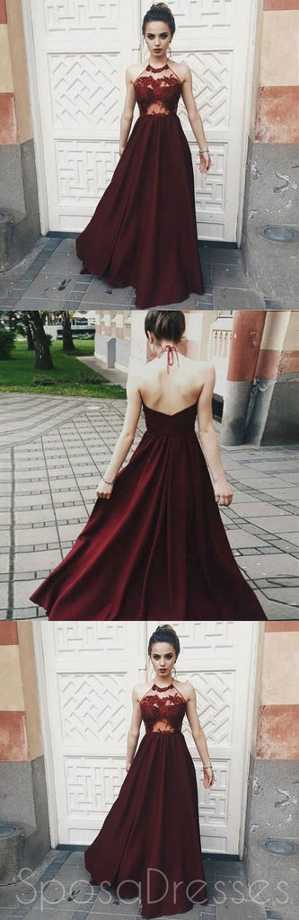 Sexy See Through Maroon Halter Lace Long Custom Evening Prom Dresses ...