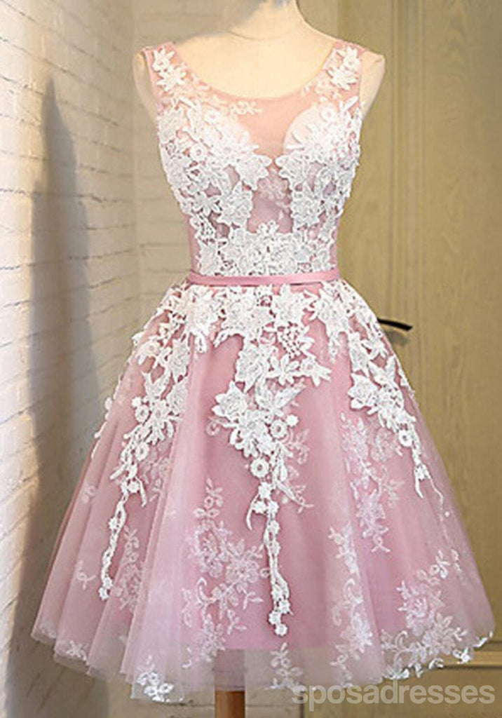 Off shoulder scoop neckline see through short pink homecoming prom dresses, CM0025
