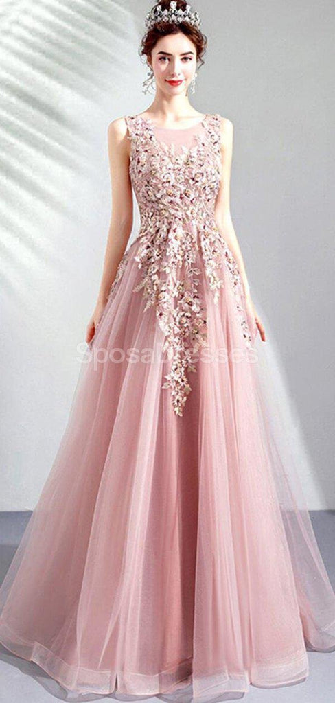 Scoop Lace Beaded Pink Long Evening Prom Dresses, Evening Party Prom Dresses, 12286