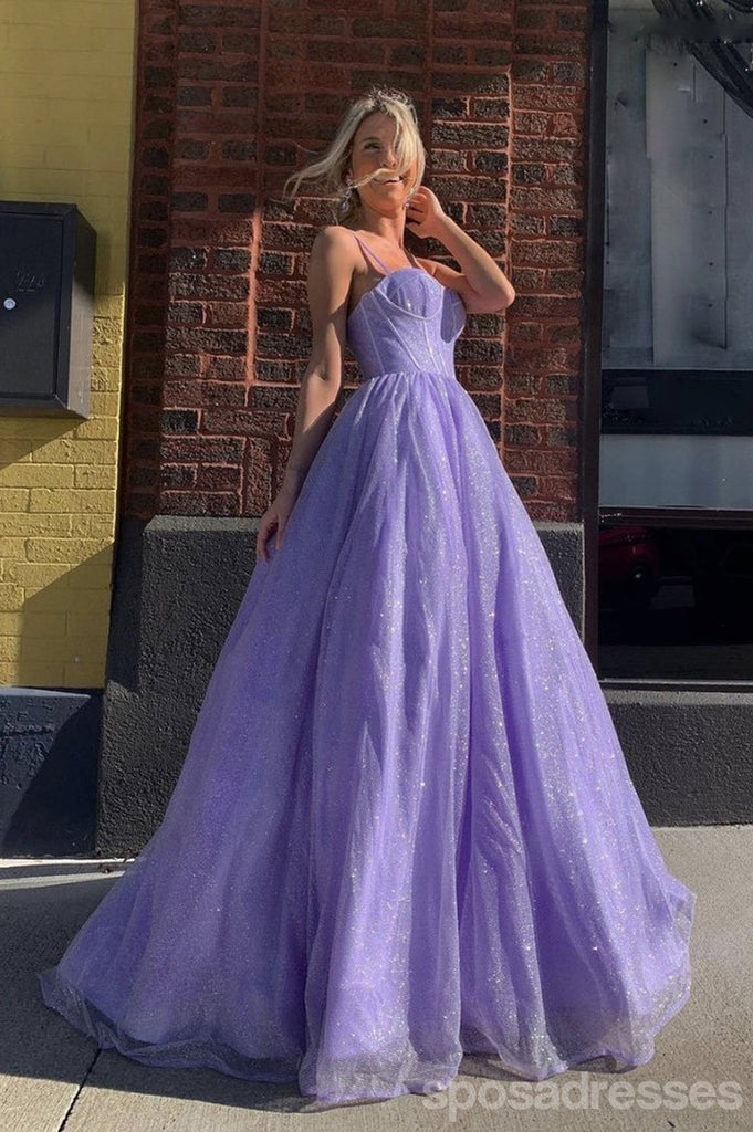 Sparkly Purple A-line Spaghetti Straps Cheap Long Prom Dresses Online,12691