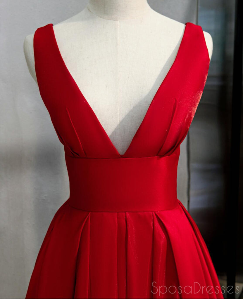 V Neck Red Simple Cheap Long Evening Prom Dresses, Sweet 16 Prom Dresses, 12362