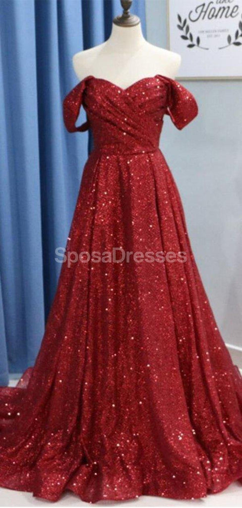 Dark Red Sparkly Off Shoulder A-line Long Evening Prom Dresses, Evening Party Prom Dresses, 12294