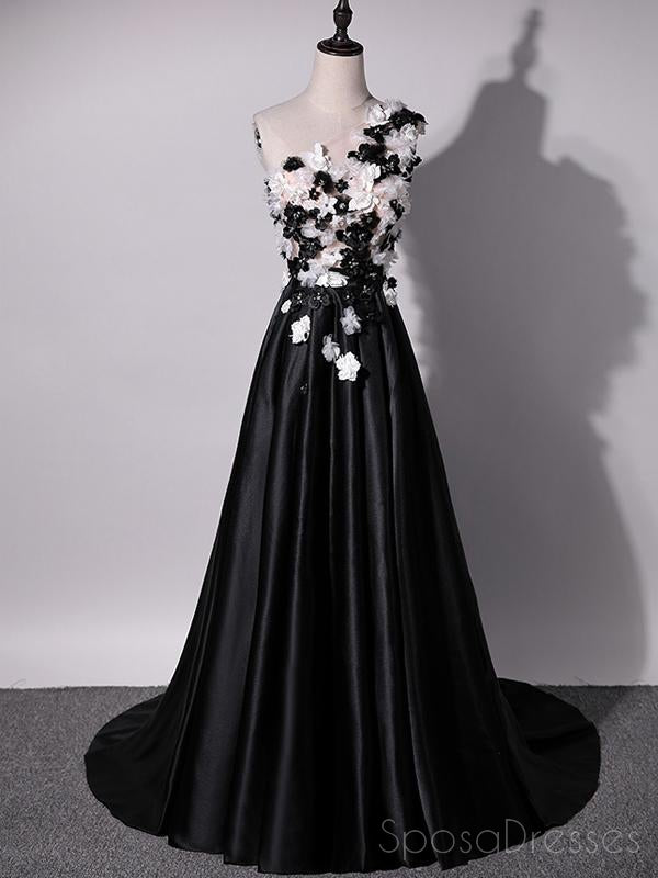One Shoulder Handmade Flower Black A-line Long Evening Prom Dresses, 1 SposaDresses One Shoulder Handmade Flower Black A-line Long Evening Prom Dresses, 1 SposaDresses