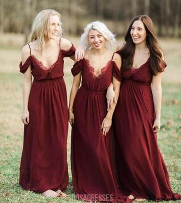 Spaghetti Straps Burgundy Chiffon Long Cheap Bridesmaid Dresses Online, WG313