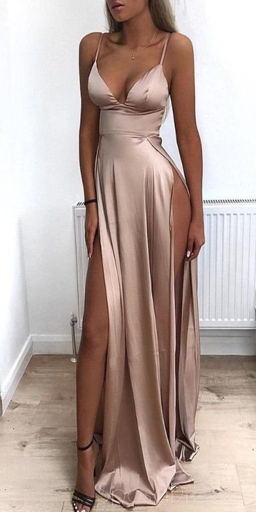 Sexy Side Slit Spaghetti Straps Long Evening Prom Dresses, Evening Par – SposaDresses