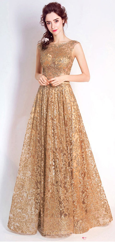 Gold Sequin Lace See Through Cheap Long Evening Prom Dresses, Cheap Custom Sweet 16 Dresses, 18528
