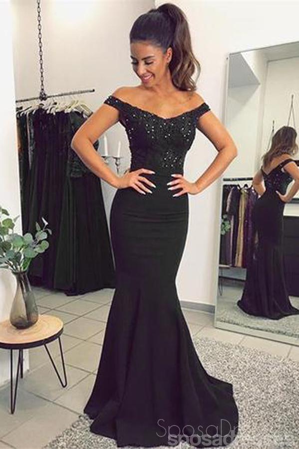 2018 black prom dresses Black A-Line Prom Dress with Beaded Bodice, Satin Bottom, Slit, Pocket