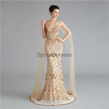 V Neck Unique Sleeves Mermaid Sequin Evening Prom Dresses, Evening Party Prom Dresses, 12118