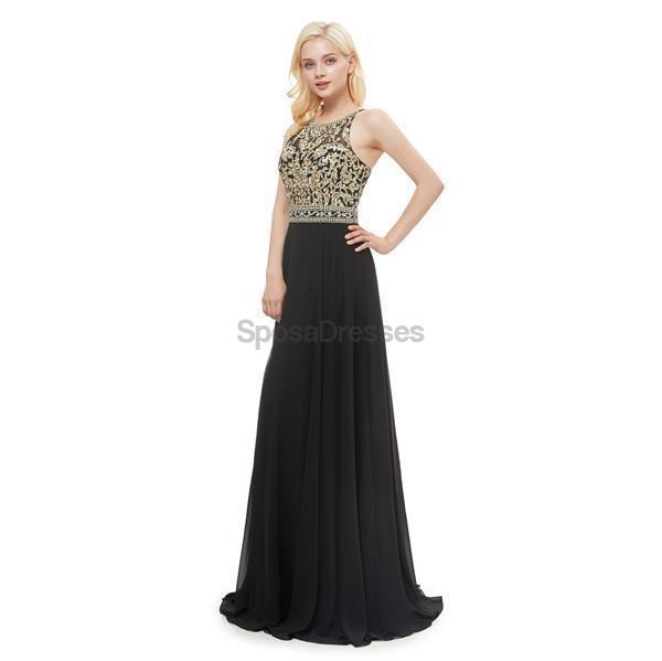 Black Chiffon Gold Lace Beaded Evening Prom Dresses, Evening Party Prom Dresses, 12053