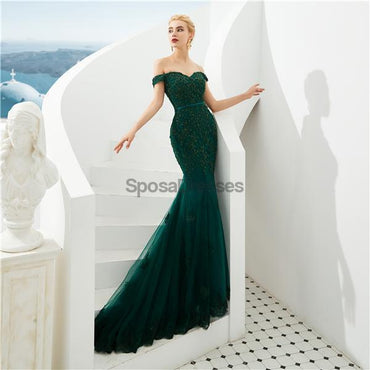 Emerald Green Lace Applique Mermaid Evening Prom Dresses, Evening Party Prom Dresses, 12128