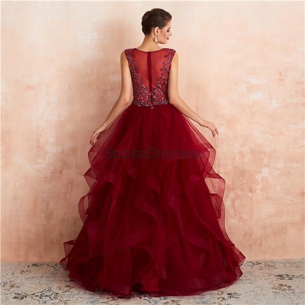 V Neck Dark Red Beaded Ball Gown Evening Prom Dresses, Evening Party Prom Dresses, 12136