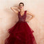 V Neck Dark Red Beaded Ball Gown Evening Prom Dresses, Evening Party Prom Dresses, 12136