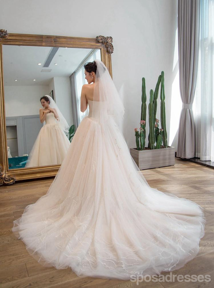 Strapless Simple Tulle A line Long Tail Wedding Dresses, Custom Made Long Wedding Dresses, Cheap Wedding Gowns, WD208