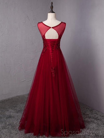 Open Back Maroon Lace Beaded A-line Long Evening Prom Dresses, 17625