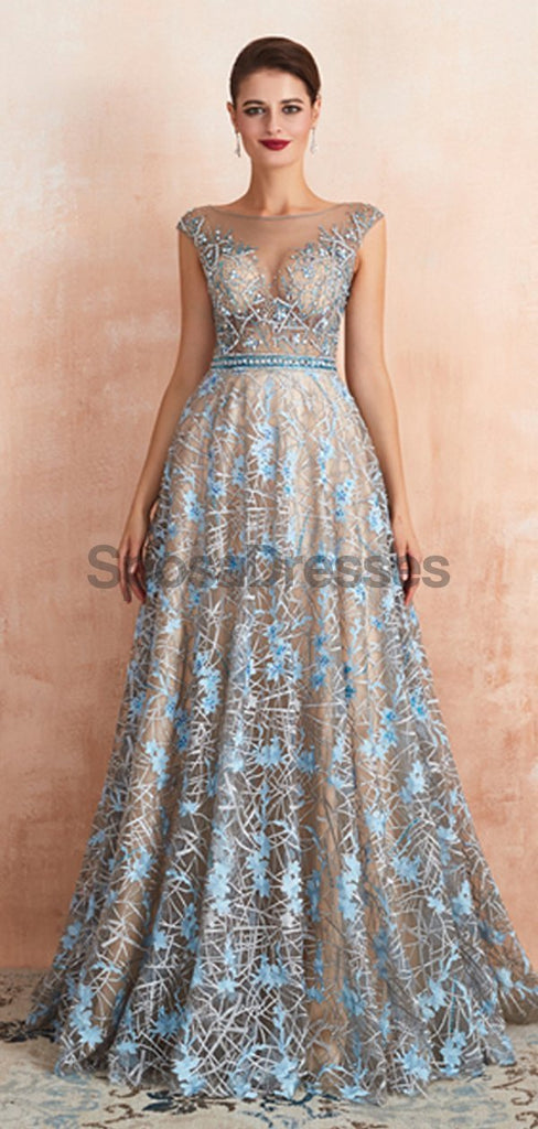 Cap Sleeves See Through Beaded A-line Long Evening Prom Dresses, Evening Party Prom Dresses, 12137